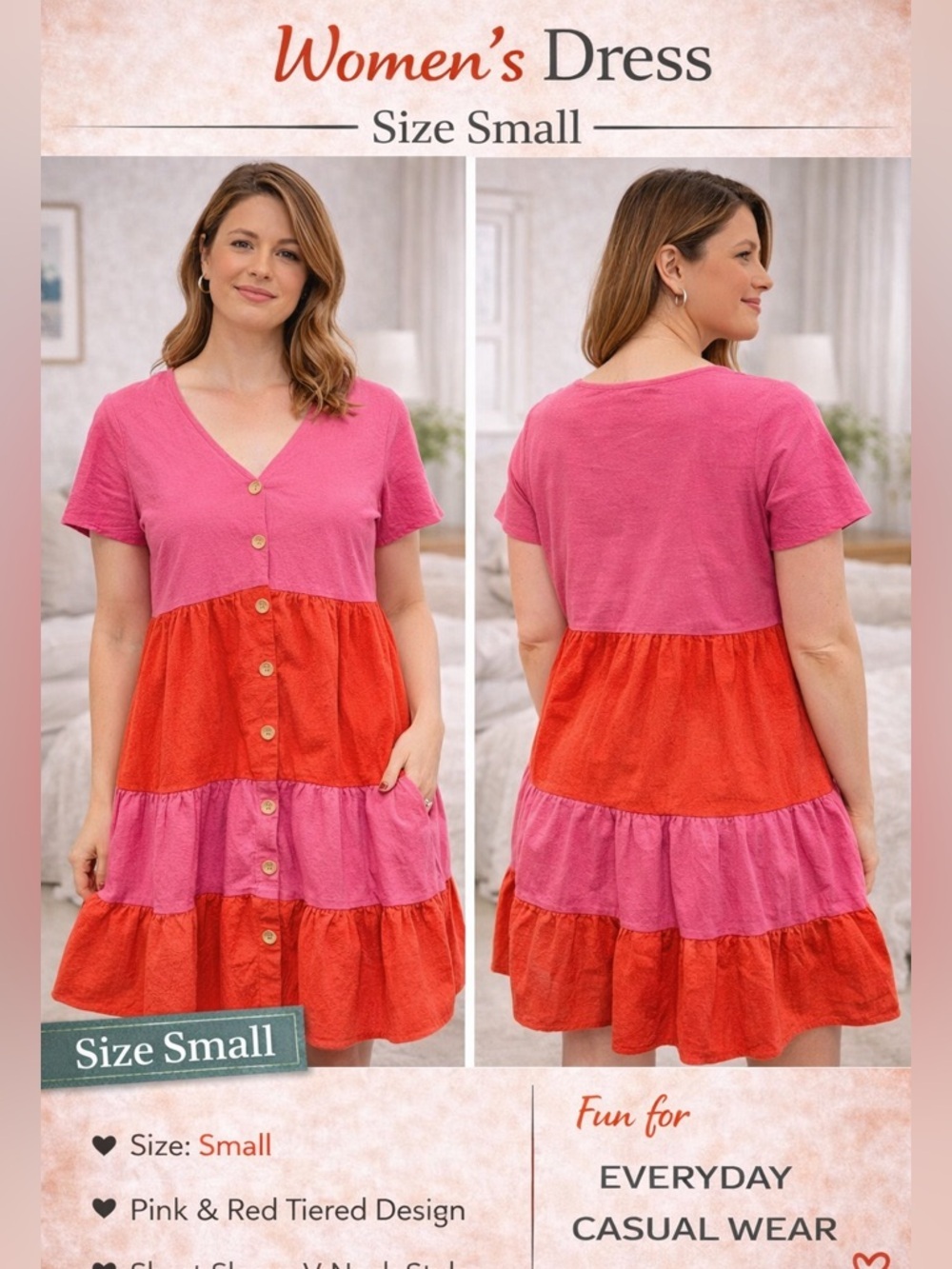 Juliana’s ' Pink & Red Tiered Button-Front Dress  SMALL